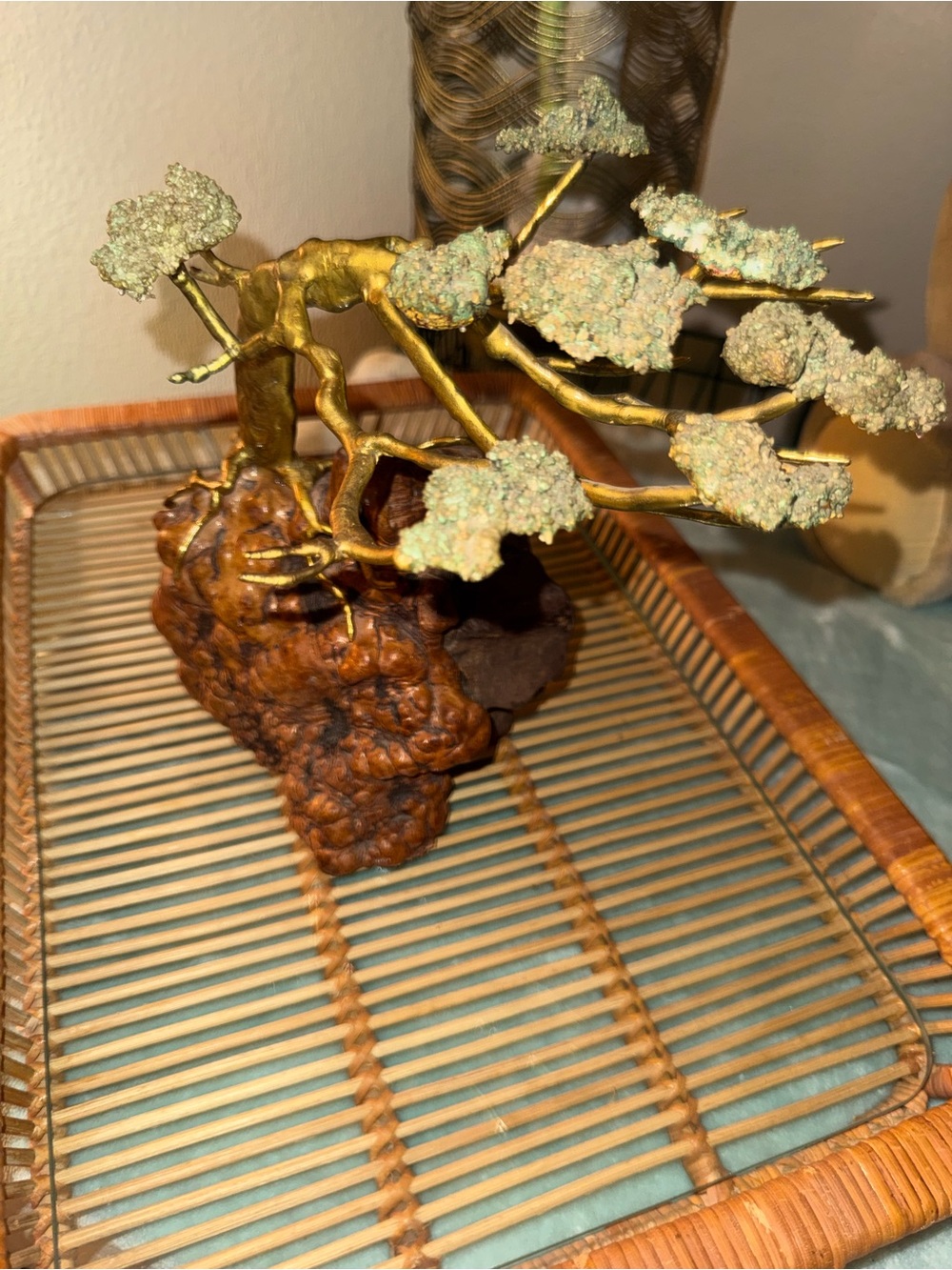 MCM artisanal Brutalist Brass Bonsai Tree Sculpture wood Base - Gold/green/Brown